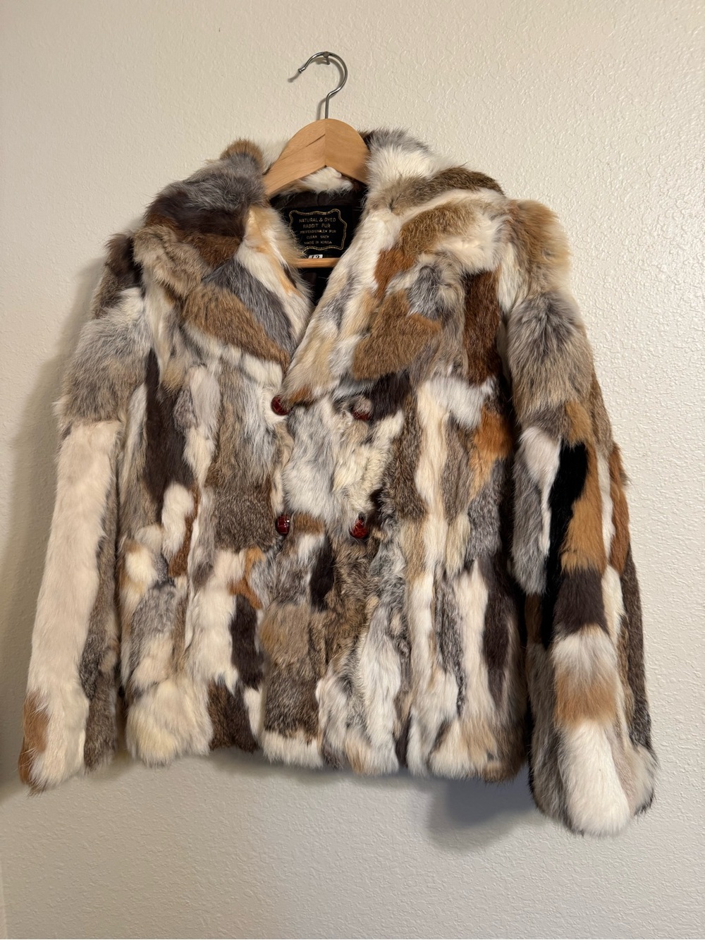 Vintage Multicolor short coat made of genuine rabbit fur.